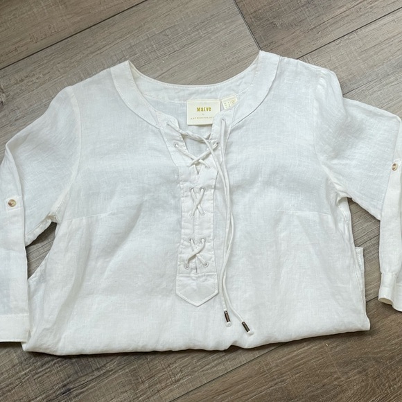 Anthropologie Maeve White Marva Lace up 100% Linen Tunic Top sz 0 | Linen Blouse - Picture 7 of 14